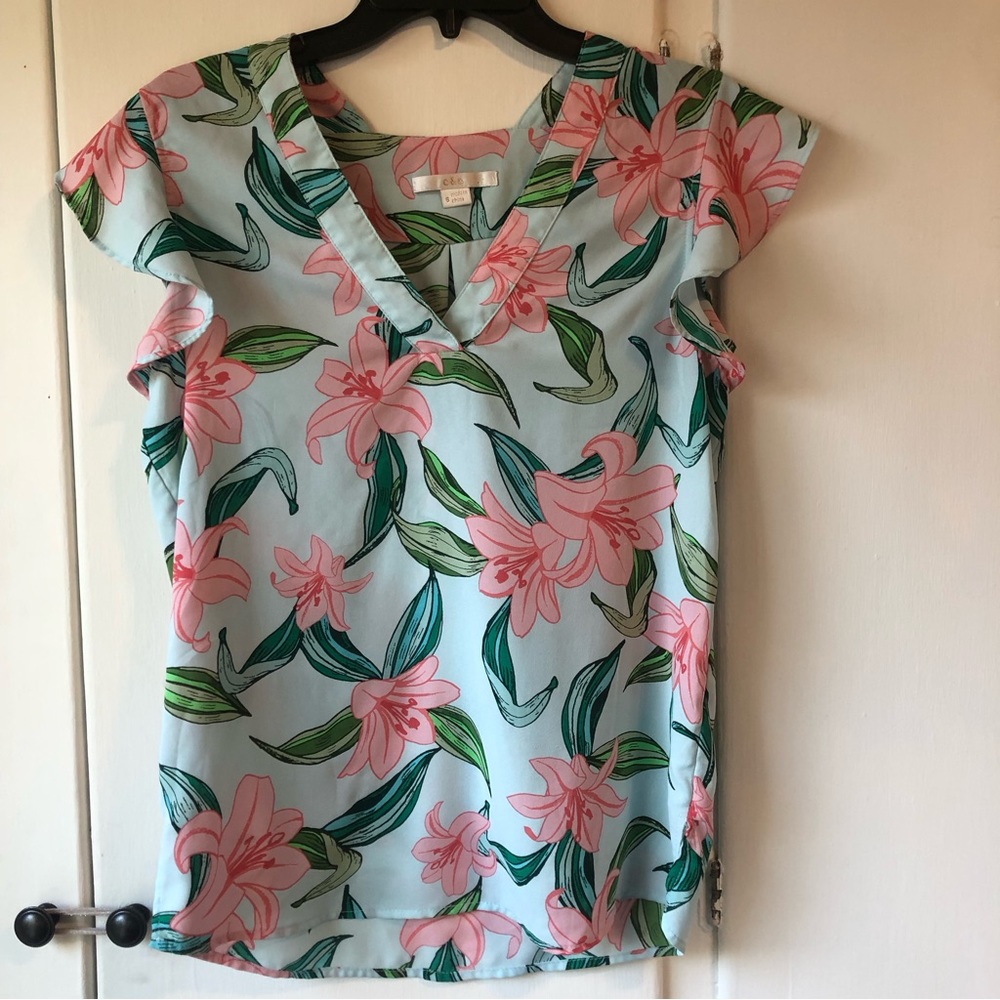 c&e Cap-sleeve Lily-print polyester blouse